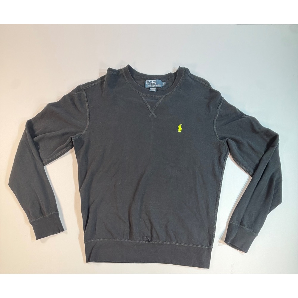 Polo Ralph Lauren Mens Crewneck Sweatshirt Black Lime Green Pony Small Pique